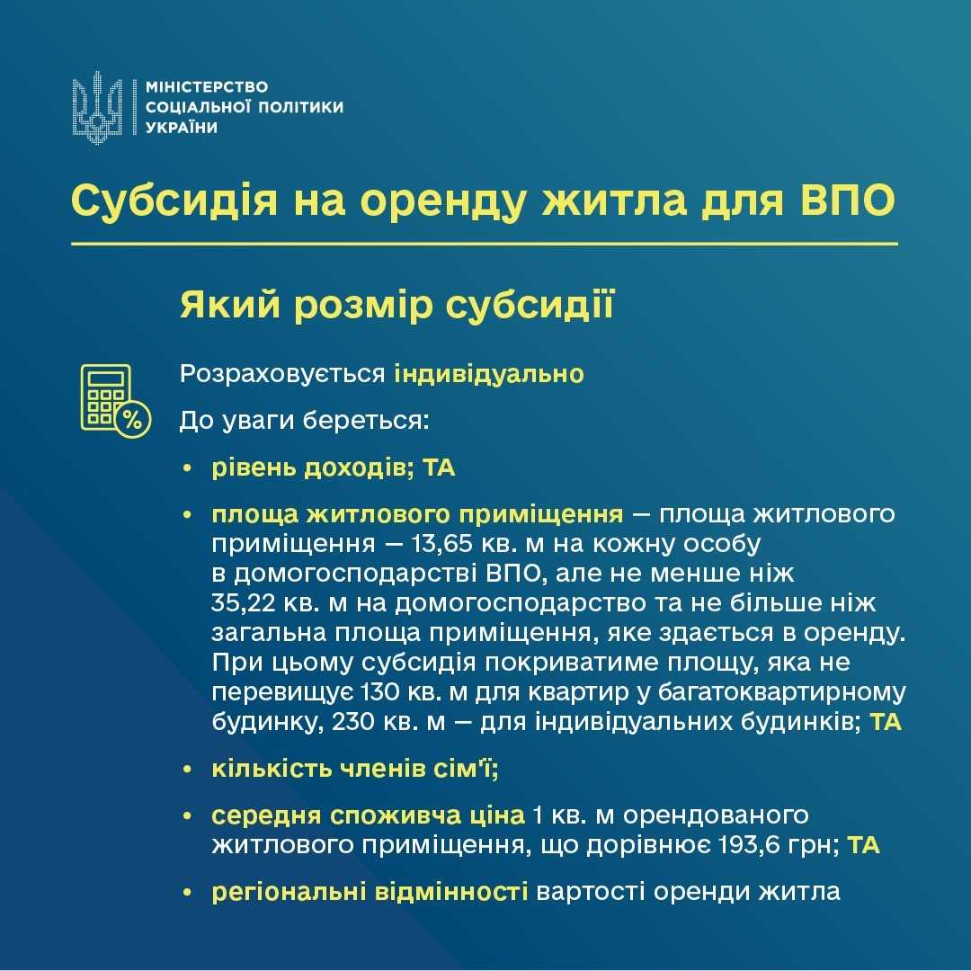 Як розраховується розмір субсидії на оренду житла для ВПО?