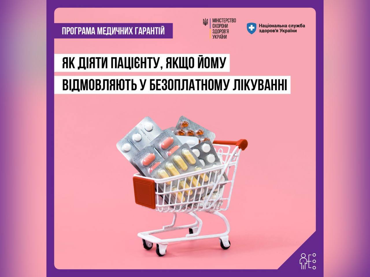 корзина з ліками та напис "Як діяти пацієнту, якщо йому відмовляють у безоплатному лікуванні?"