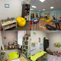 Колаж фото кімнат обладнаних інвентарем для спорту та для занять з дітьми