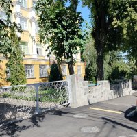 Вхід до жовтої будівлі. Покриття тактильною плиткою